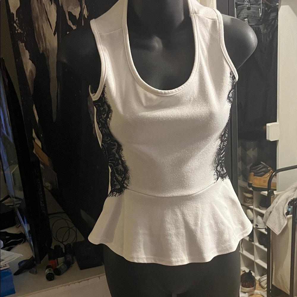 Elegant White Peplum Top with Lace Accents